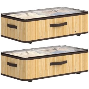 Juego de 2 cajas de almacenaje bajo cama con ruedas, bambú, tapa transparente, 60L, natural