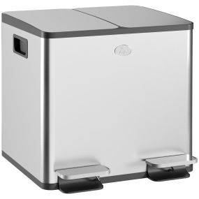 Cubo de basura de cocina con 2 compartimentos 2x15L de acero inoxidable plata con pedal y tapas de cierre suave