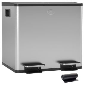 Cubo de basura de cocina de acero inoxidable 2x15L con 2 compartimentos y pedales plata