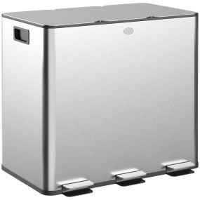 Cubo de basura de cocina con 3 compartimentos 3x15L acero inoxidable plata con pedales y tapas de cierre suave