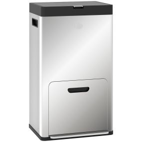 Cubo de Basura de Cocina, 3 Compartimentos, 2x18L+20 L (56 L), Papelera Cocina Estrecha de Acero Inoxidable, con Ruedas, Tapa de Cierre Suave, Pedal y Cubos Extraíbles, Plata