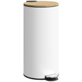 Cubo de Basura Cocina con Pedal, 30L, Papelera de Cocina Metálico con Tapa de Cierre Suave y Cubo Extraíble, para Dormitorio, Oficina, Estudio y Salón, 36x30x60,5 cm, Blanco y Madera Natural