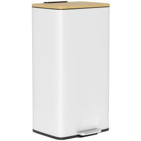 Cubo de Basura Cocina con Pedal, 20L, Tapa de Bambú de Cierre Suave, Papelera de Cocina con Cubo Interior Extraíble, Anti-Huellas, para Dormitorio, Salón, 29,5x29,5x56,8 cm, Blanco y Natural