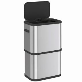 Cubo de Basura de Cocina de 60L, Papelera Cocina Estrecha de Acero Inoxidable con Sujetabolsas, Tapa de Cierre Suave y Apertura Táctil, para Reciclaje Residuos, Restos de Comida, Plata