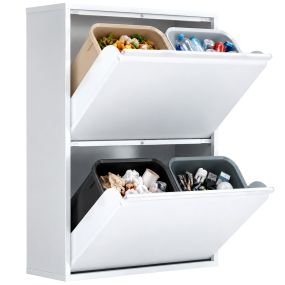 Mueble Cubo de Basura de Reciclaje de 4x15 L (60 L), 4 Compartimentos, Cubo de Basura de Cocina Estrecho de Acero con Sujetabolsas, Cierre Suave y Contenedores Extraíbles, Blanco