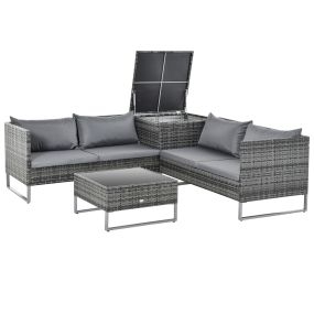 Conjunto de 4 muebles de jardín de ratán gris con 2 sofás dobles, mesa central y arcón 132x69x64 cm