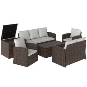 Conjunto de jardín exterior de ratán beige 6 piezas con cojines y mesas auxiliares con almacenamiento