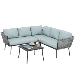 Conjunto de muebles de ratán 4 piezas con marco de aluminio para jardín exterior azul claro