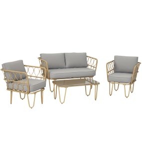 Conjunto de jardín de ratán sintético 4 piezas con sofá 2 plazas, 2 sillones y mesa de cristal natural y gris