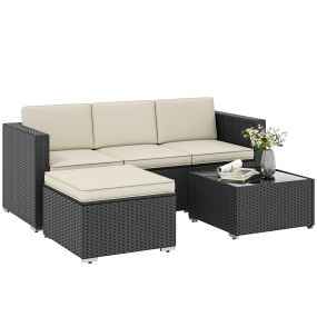 Conjunto de muebles de ratán de jardín 3 piezas negro con sofá 3 plazas, mesa de centro y reposapiés