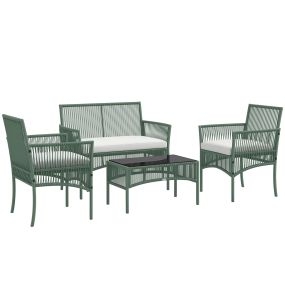 Conjunto de jardín exterior de ratán 4 piezas verde oscuro con sofá, sillones y mesa de vidrio