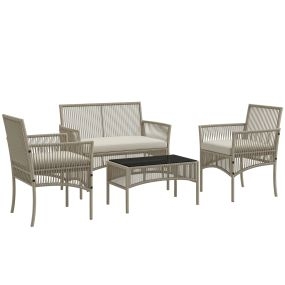 Conjunto de jardín exterior de ratán 4 piezas con sofá 2 plazas, 2 sillones, mesa de vidrio, caqui