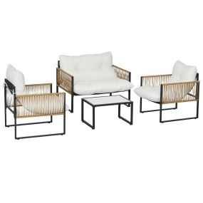 Conjunto de jardín exterior de ratán 4 piezas con sofá 2 plazas, 2 sillones, mesa de vidrio, crema y marrón