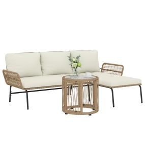 Conjunto de muebles de jardín exterior de ratán 3 piezas con sofá chaise longue cojines y mesa auxiliar crema y natural