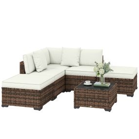 Conjunto de jardín de ratán 6 piezas marrón mixto con cojines y mesa de vidrio