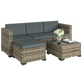 Conjunto de jardín de ratán 5 piezas gris oscuro con cojines, mesa centro y reposapiés