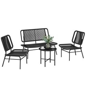 Conjunto de jardín exterior de ratán negro 4 piezas con sofá 2 plazas, 2 sillas y mesa de centro
