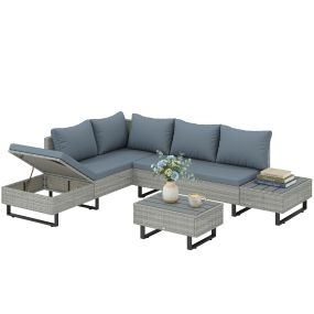 Conjunto de Jardín de Ratán de 3 Piezas, Respaldo Ajustable, Conjunto Terraza, Muebles Jardín Exterior Incluye Cojines, Sofá de 3 Plazas, Sofá de 2 Plazas, Mesa de Madera Plástico, Gris