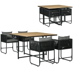 Conjunto de jardín exterior de ratán sintético 5 piezas con mesa cuadrada, 4 sillas y cojines negro y natural