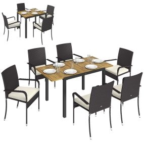 Conjunto de mesa y sillas de jardín de ratán 7 piezas crema con mesa extensible y 6 sillas apilables