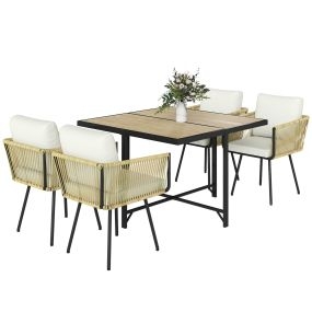 Conjunto de Mesa y Sillas Jardín de Ratán de 5 Piezas, Muebles Jardín Exterior con Mesa de Plástico-Madera y 4 Sillas con Cojines Extraíbles, Marco de Metal Resistente para Terraza, Beige