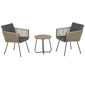 Conjunto de muebles de jardín de 3 piezas de ratán con mesa redonda y 2 sillas, caqui y gris