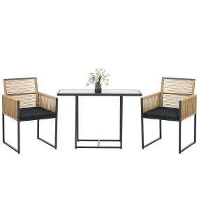 Conjunto de muebles de jardín de 3 piezas de ratán natural y negro con cojines y mesa de cristal