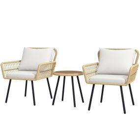 Conjunto de muebles de jardín de ratán 3 piezas con 2 sillas, mesa redonda y cojines naturales