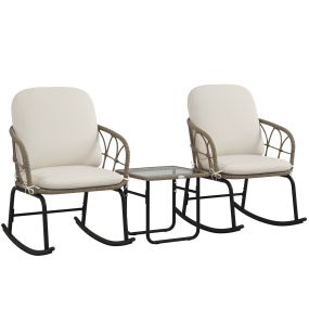 Conjunto de muebles de ratán de 3 piezas con 2 mecedoras, mesa de centro y cojines crema y beige