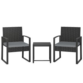 Conjunto de jardín exterior de 3 piezas de ratán gris claro con 2 sillas, cojines lavables y mesa de vidrio templado para balcón y patio