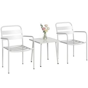 Conjunto de jardín exterior de 3 piezas de acero galvanizado con 2 sillas y mesa de vidrio templado blanco