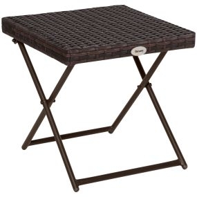 Mesa de jardín de ratán sintético plegable con patas cruzadas y marco de acero marrón