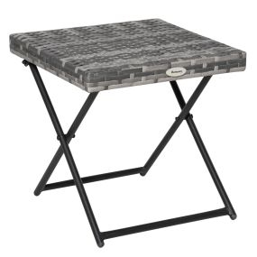 Mesa de jardín de ratán sintético plegable con patas cruzadas y marco de acero gris
