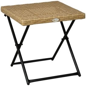 Mesa de jardín de ratán sintético plegable con patas cruzadas y marco de acero natural
