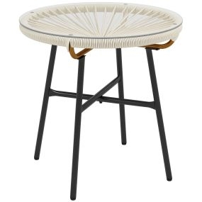 Mesa de jardín de ratán sintético redonda con tablero de vidrio templado y patas de metal Ø50x50 cm crema