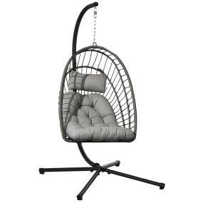 Silla Colgante de Ratán Sillón Colgante Plegable con Cojín Reposacabezas y Marco de Acero Carga 100 kg para Interior y Exterior Gris Oscuro