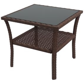 Mesa de jardín cuadrada de ratán sintético 50x50x45 cm con estante, vidrio y acero, marrón