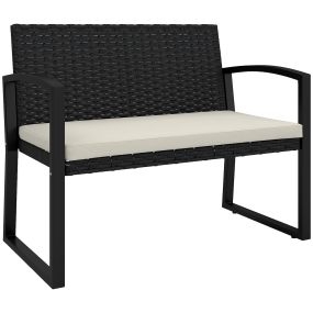 Banco de jardín de ratán sintético 2 plazas con cojín y reposabrazos 103x58x78 cm negro y beige