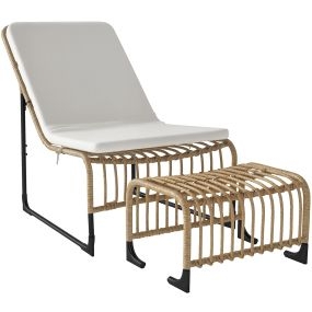 Conjunto de sillón de jardín de ratán sintético con reposapiés, cojín acolchado, acero, natural y beige