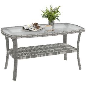 Mesa de jardín exterior de ratán con estante, tablero de vidrio templado, 90x50x45 cm, gris oscuro