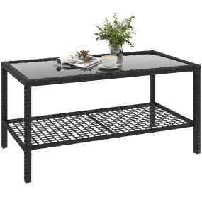 Mesa de jardín de ratán con estante, vidrio templado y acero, 92x50x45 cm, negro