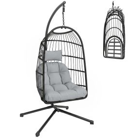 Silla Colgante Huevo con Soporte, Columpio Jardín Exterior con Cesta Plegable de Ratán, Cojín Grueso, Reposacabezas, Altura Ajustable, Estructura Metálica para Interior y Exterior, Gris Claro