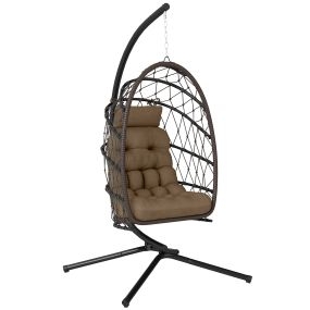 Silla colgante huevo con soporte de ratán marrón, cojín grueso, 120 kg, interior y exterior