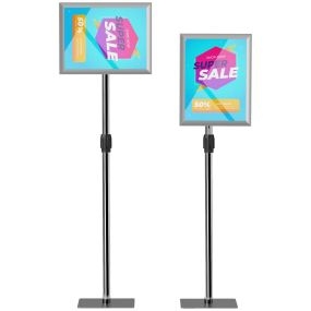 Soporte para carteles A3 ajustable giratorio 360° de aluminio y acero inoxidable plata