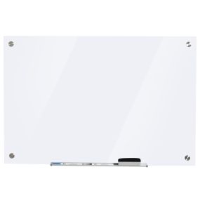 Pizarra de cristal de pared sin marco con bandeja, 4 rotuladores y borrador, 90x60x0,45 cm, blanca