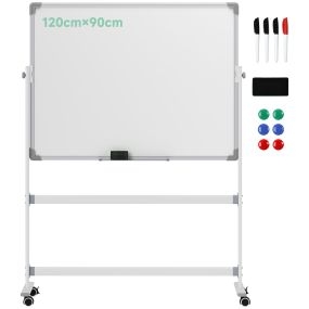 Pizarra Blanca Móvil de Doble Cara, 120x90 cm, Pizarra Blanca Magnética Giro de 360 °, con Soporte, Tablero Inclinado en 3 Niveles, Marco de Aluminio, Ruedas, Rotuladores, Imanes, Borrador