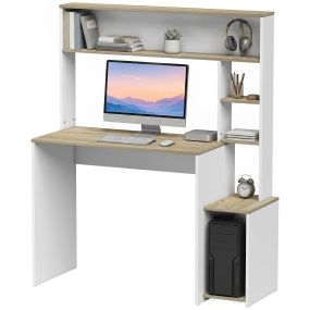 Mesa de escritorio moderna con estantes y soporte para monitor y CPU 114x45x138 cm blanco y natural