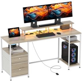 Mesa de escritorio con luces LED, estantes, cajones, tomas de corriente, puertos USB y soporte para monitor, 155,5x48x88,5 cm, natural
