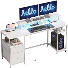 Mesa de escritorio con luces LED, estantes, cajones, tomas de corriente, puertos USB y soporte para monitor, 155,5x48x88,5 cm, blanco