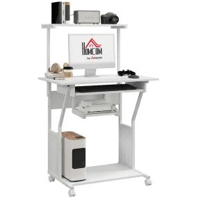 Mesa de Escritorio, Mesa de Ordenador Móvil con Bandeja para Teclado, Estante para CPU, Estantes de Almacenamiento y Ruedas, para Oficina, Estudio, 80x50x130 cm, Blanco